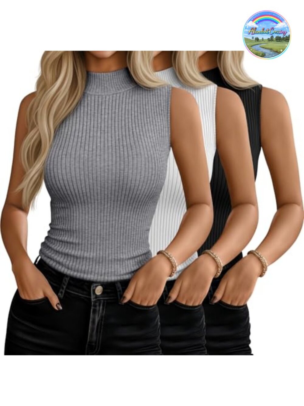 3 Pack Women's Sleeveless Mock Turtleneck Tanks Stretch Rayon Spandex